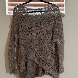 Nostalgia Open-Knit Taupe/Gray V-Neck Sweater